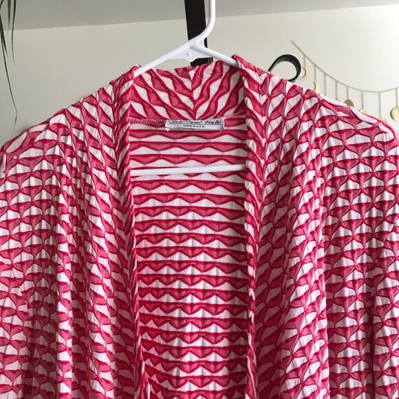 SOLE DIONE STUDIO size L Red & White Print Puckered Texture Draping Cardigan Top - Picture 3 of 4